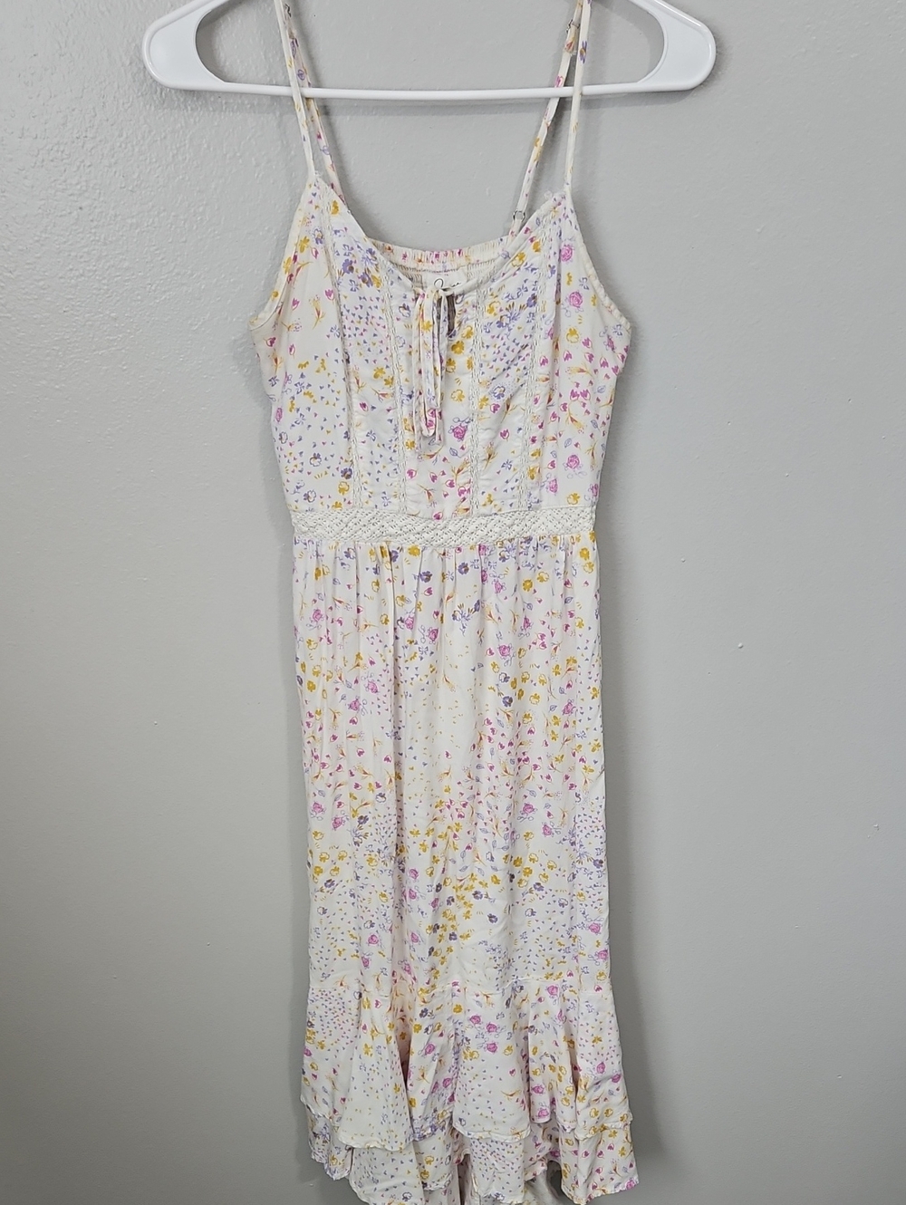 White Floral Tie-Front Dress with Yellow, Pink, Purple Accents